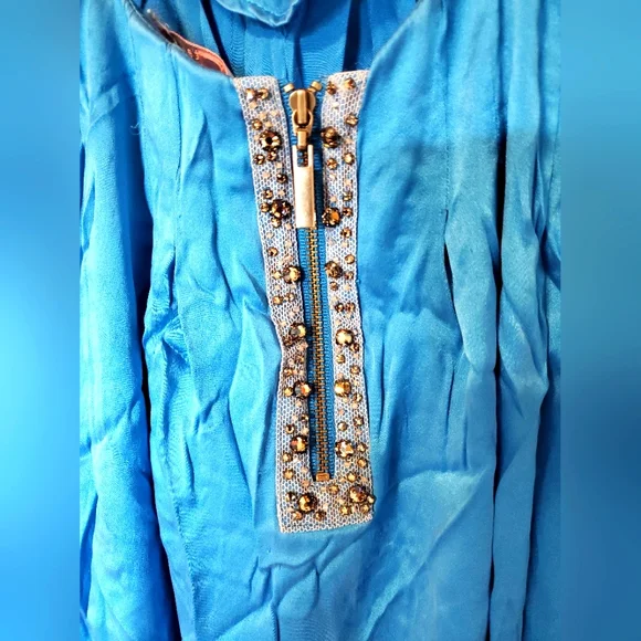 VINTAGE Rebecca Taylor Satin Silk Flowy Blue Dress Size 2 Gem Zip up back - Picture 11 of 12